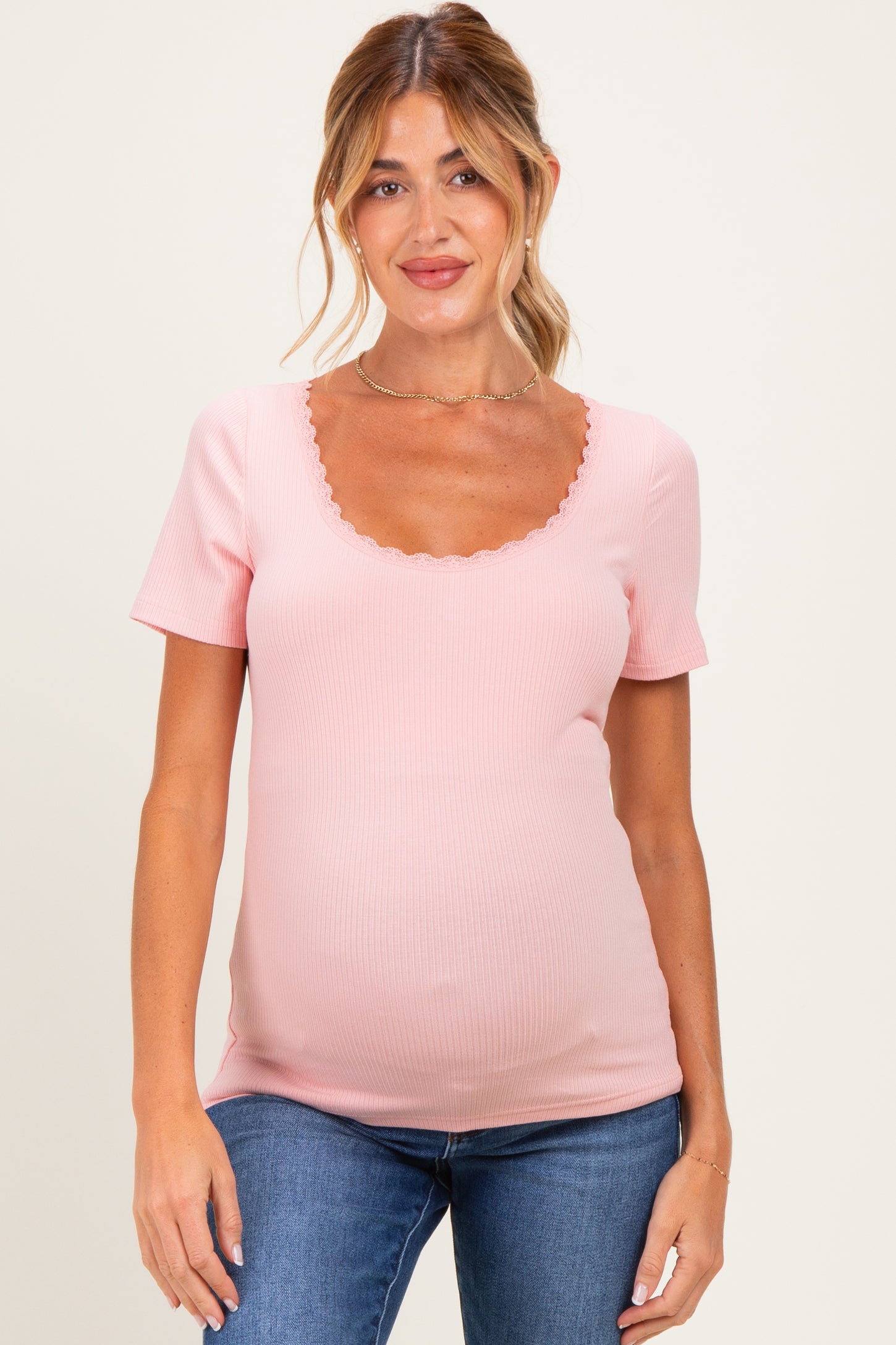 Blush Lace Trim Ribbed Maternity Top