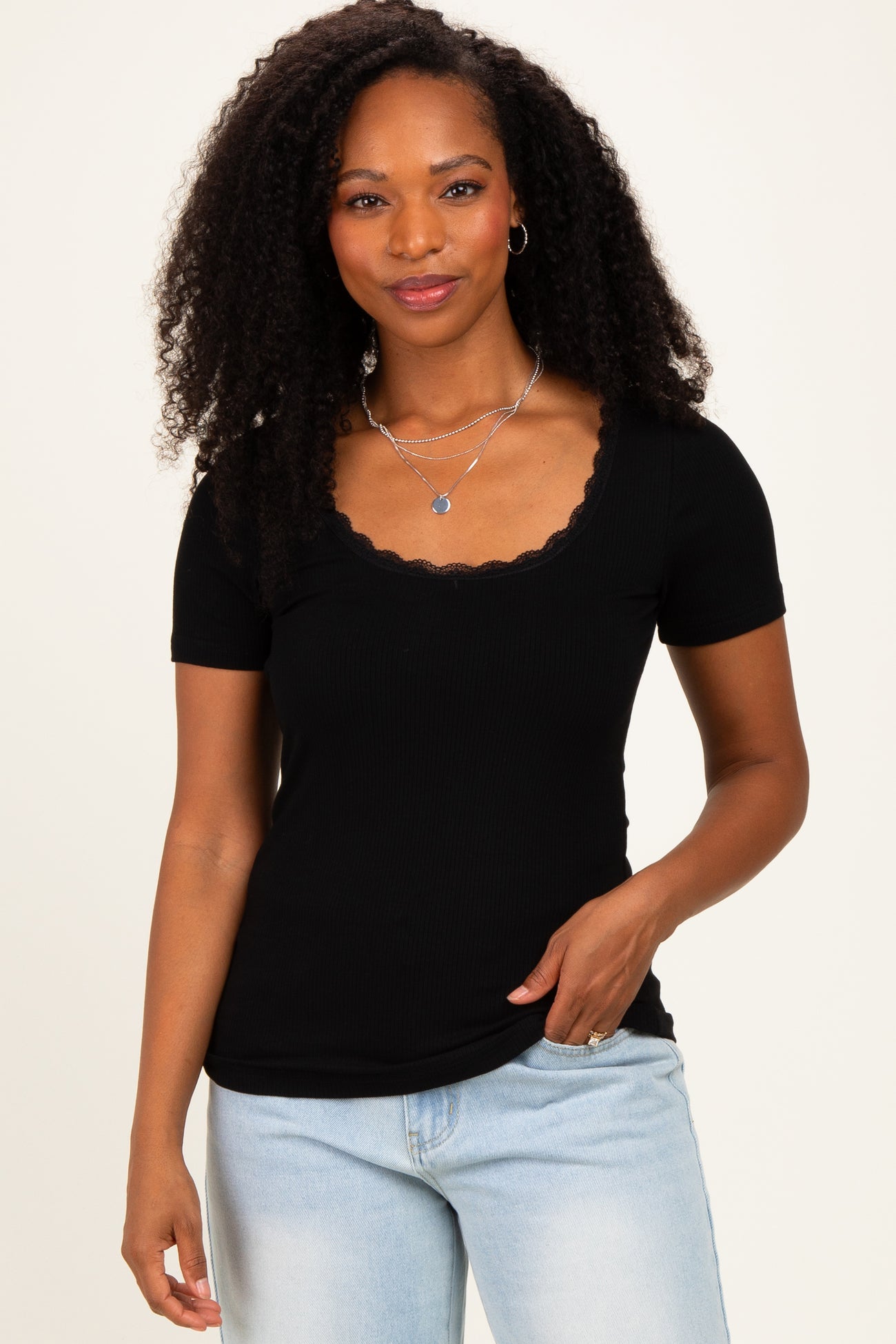 Black Lace Trim Ribbed Maternity Top