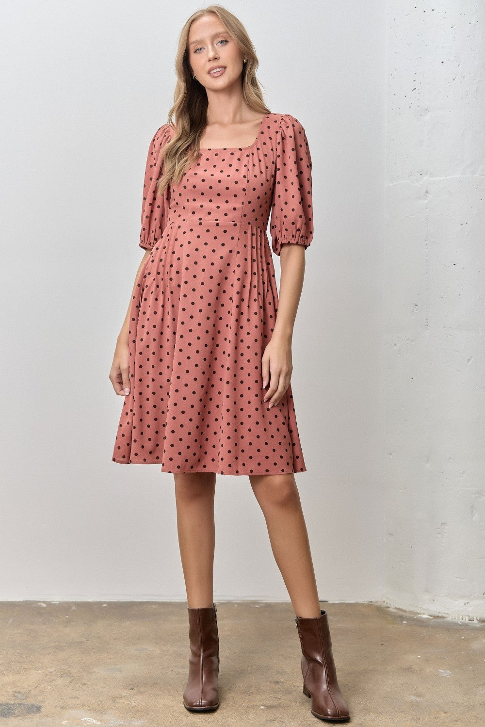 Marsala Polka Dot Puff Sleeve Dress