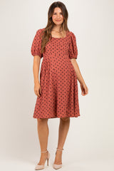 Marsala Polka Dot Puff Sleeve Maternity Dress