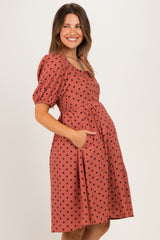 Marsala Polka Dot Puff Sleeve Maternity Dress