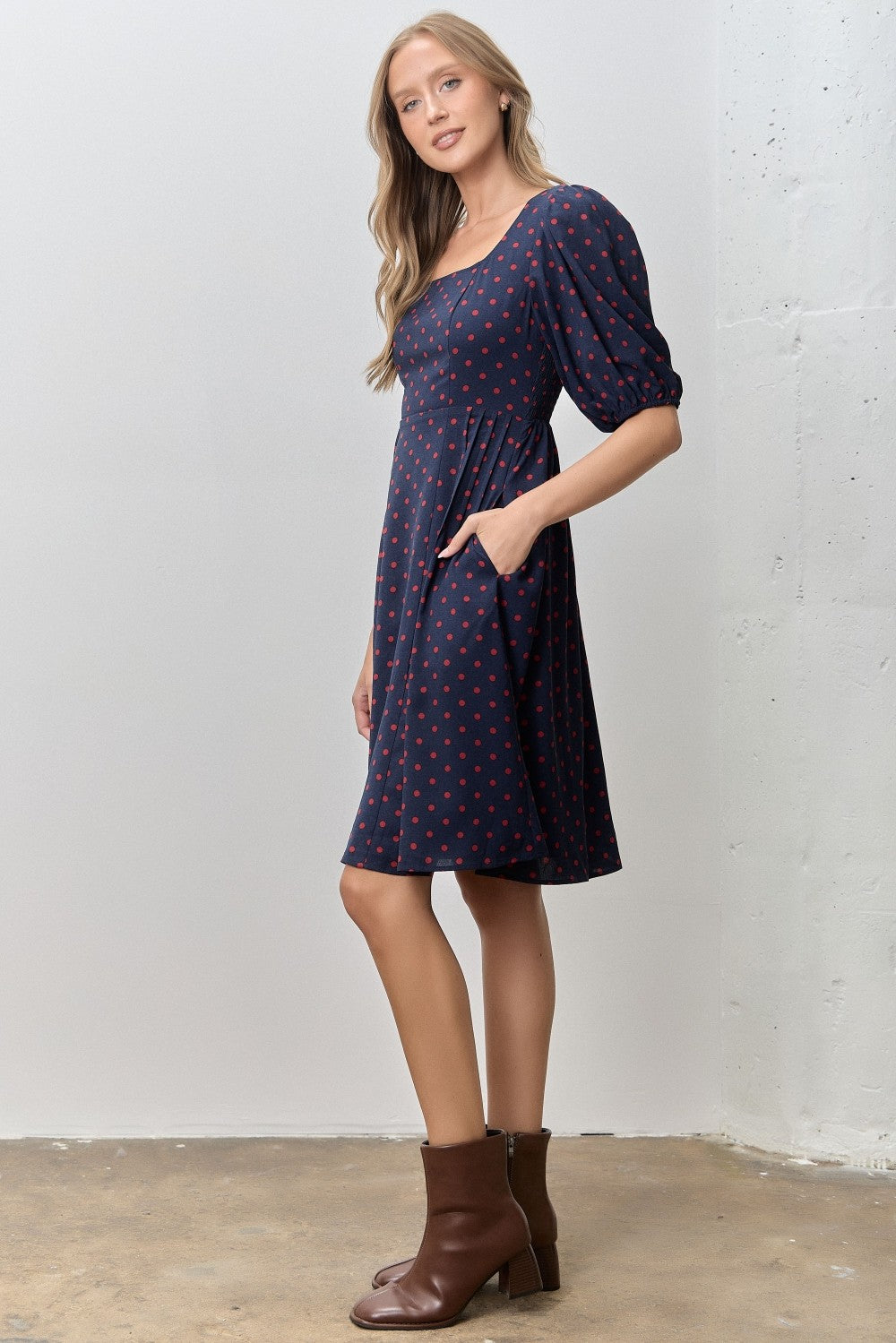 Navy Polka Dot Puff Sleeve Dress