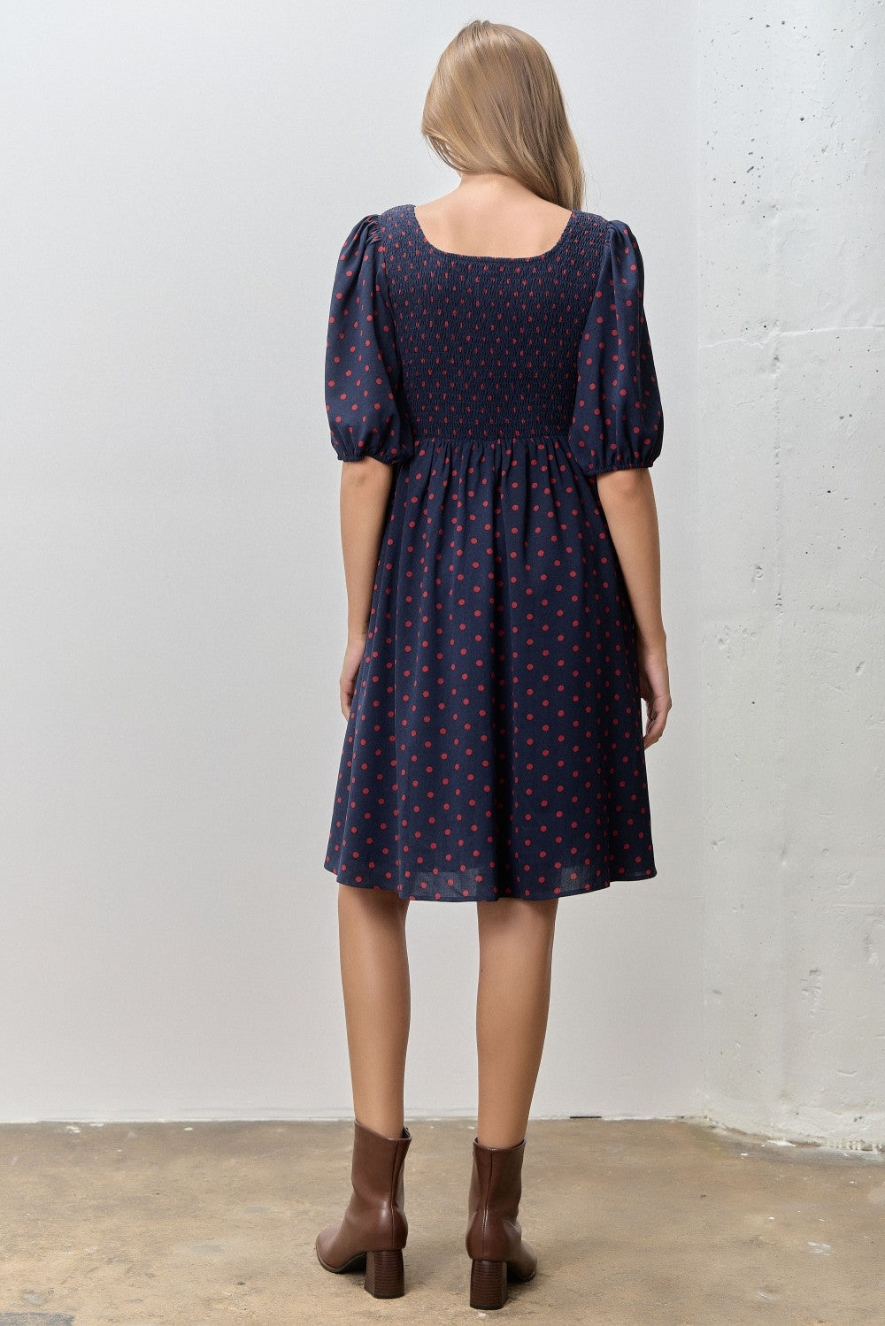 Navy Polka Dot Puff Sleeve Dress