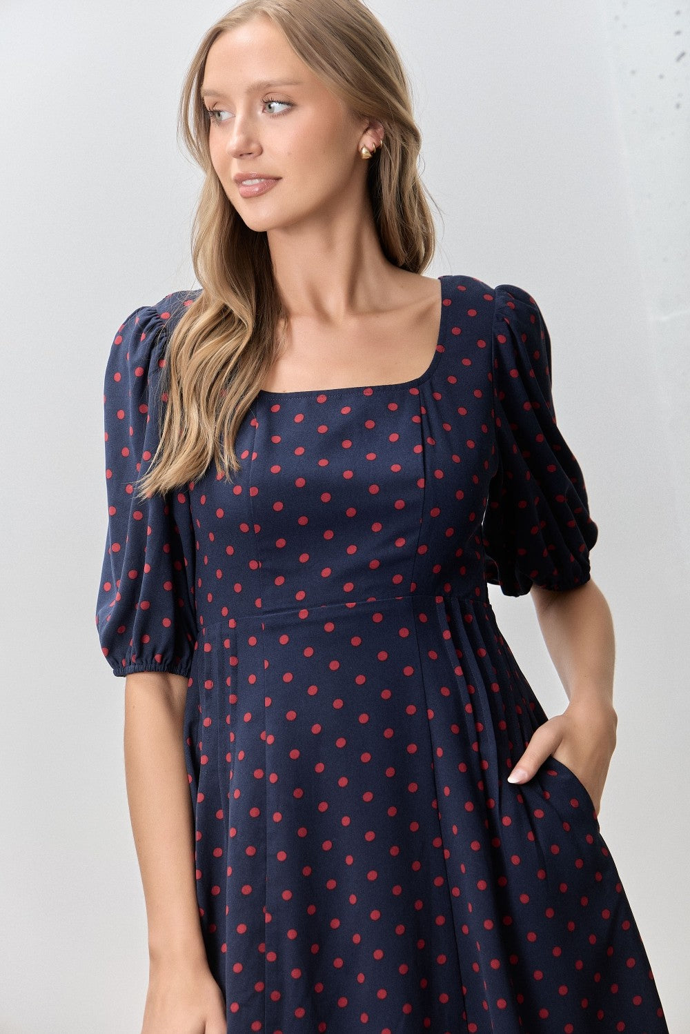 Navy Polka Dot Puff Sleeve Dress