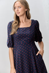 Navy Polka Dot Puff Sleeve Dress