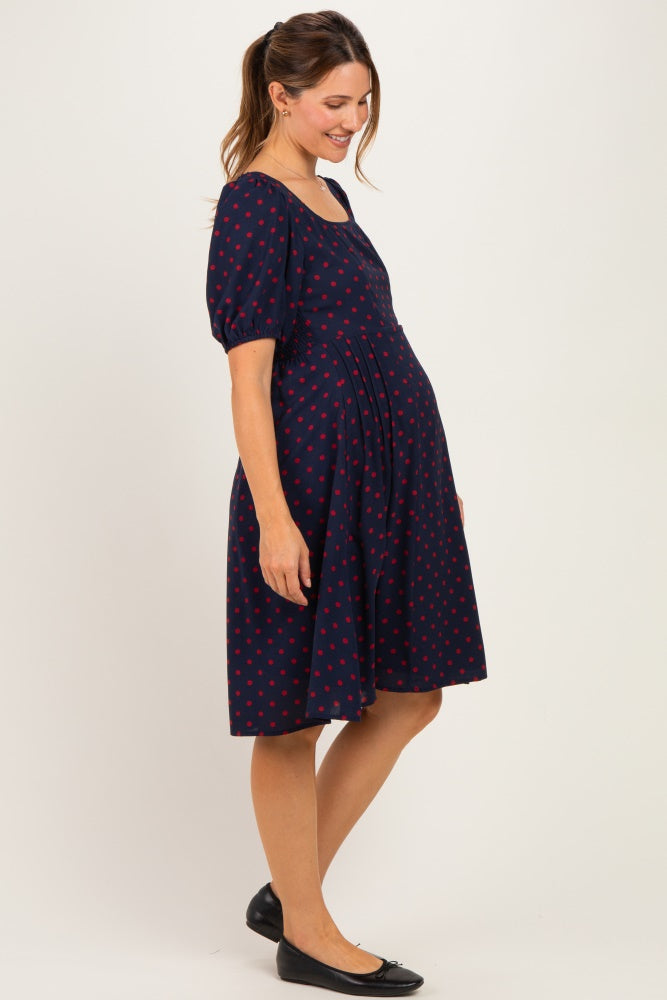 Navy Polka Dot Puff Sleeve Maternity Dress