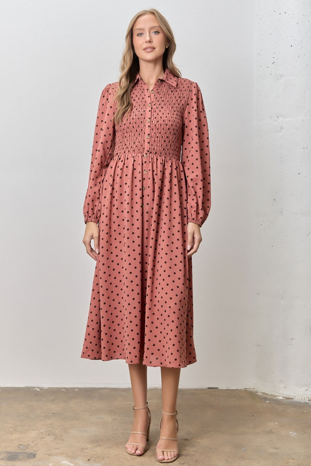 Marsala Polka Dot Smocked Midi Shirt Dress