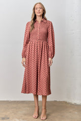 Marsala Polka Dot Smocked Midi Shirt Dress