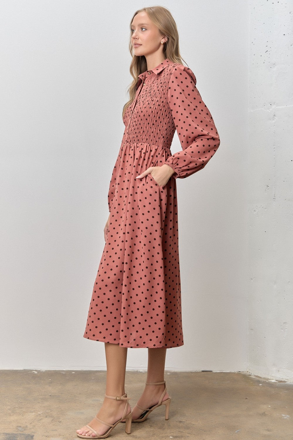 Marsala Polka Dot Smocked Midi Shirt Dress
