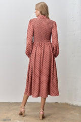 Marsala Polka Dot Smocked Midi Shirt Dress