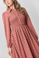 Marsala Polka Dot Smocked Midi Shirt Dress
