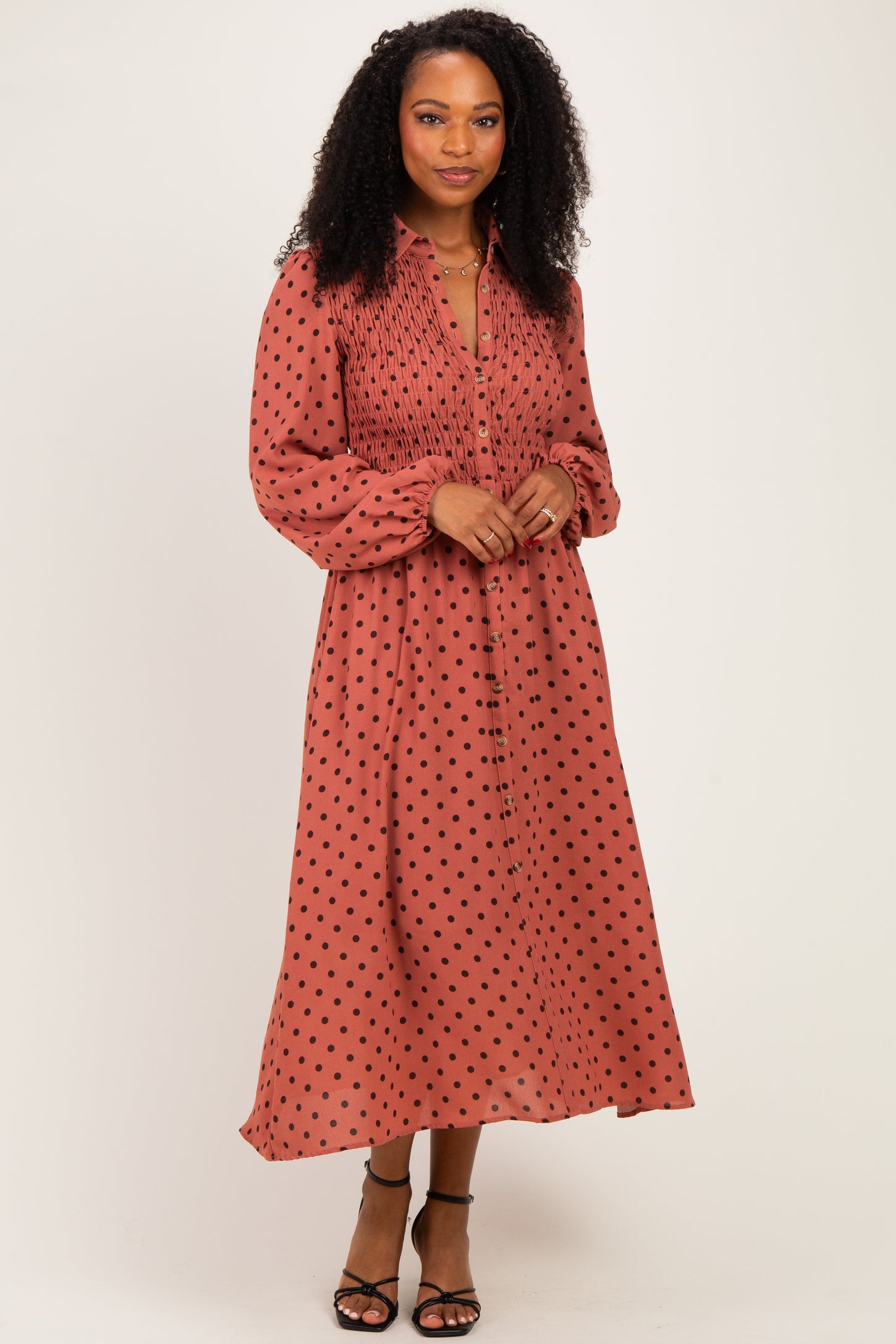 Marsala Polka Dot Smocked Midi Shirt Dress