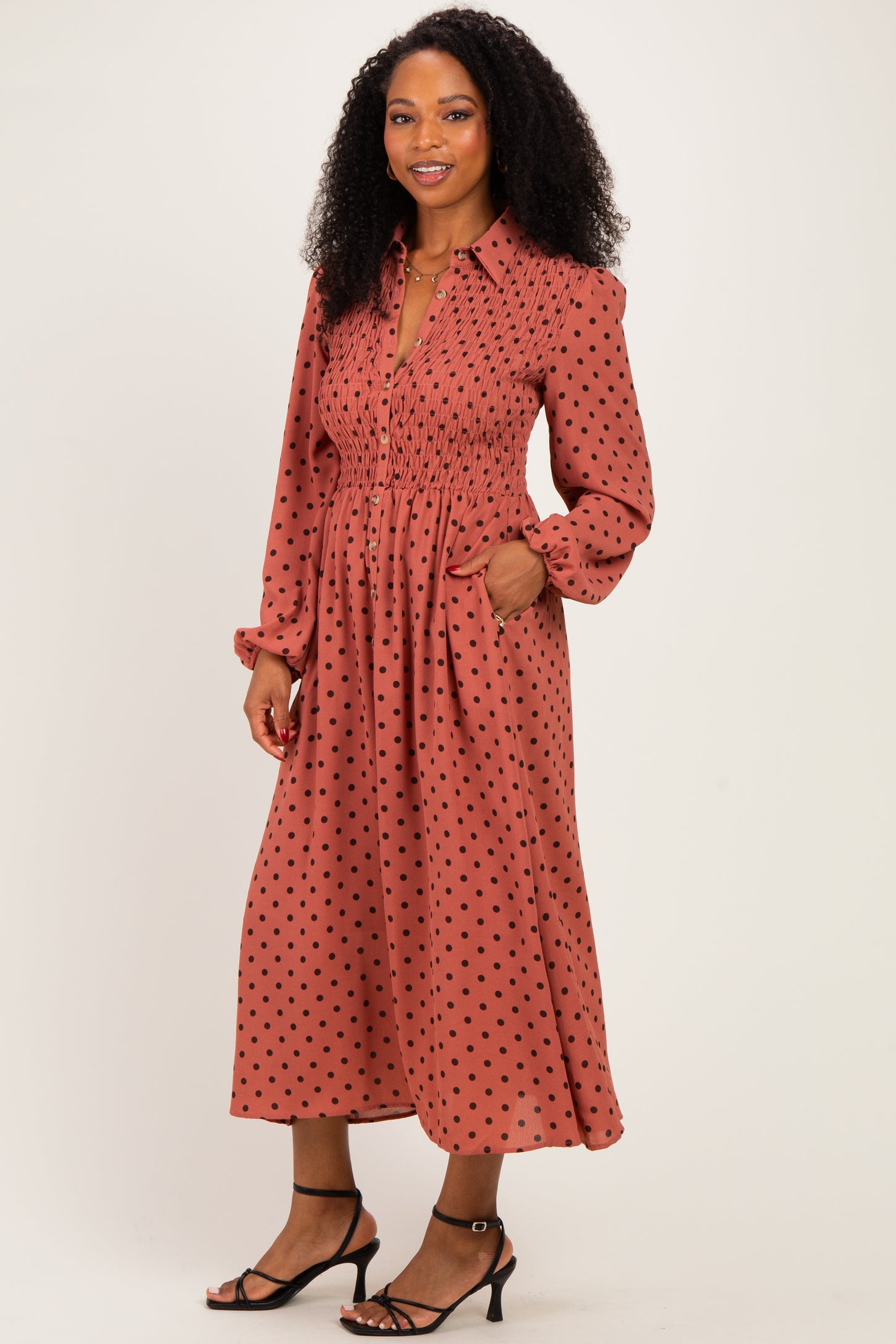 Marsala Polka Dot Smocked Midi Shirt Dress