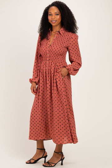 Marsala Polka Dot Smocked Midi Shirt Dress