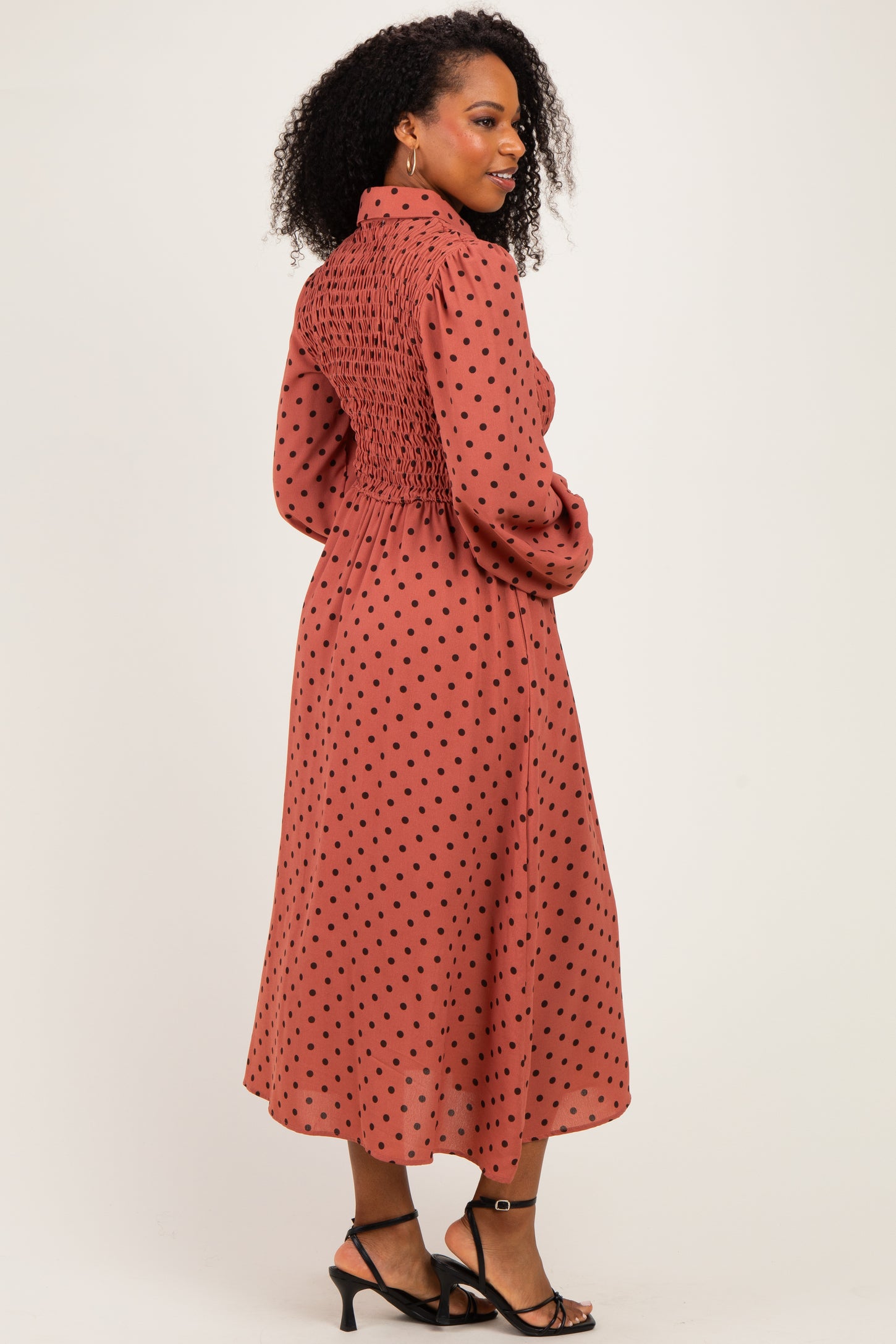 Marsala Polka Dot Smocked Midi Shirt Dress