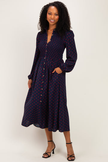 Navy Polka Dot Smocked Midi Shirt Dress