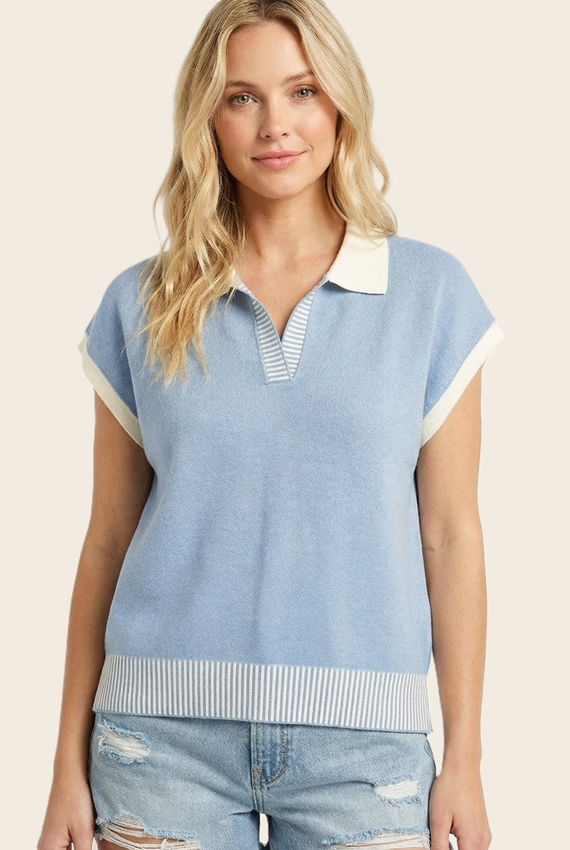 Light Blue Stripe Trim Collared Top