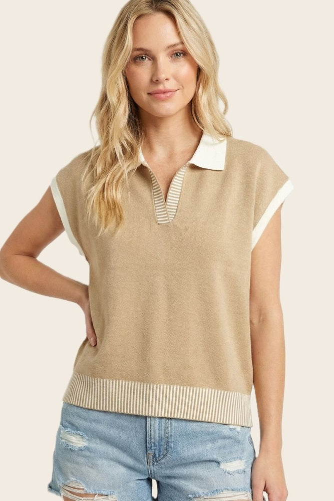 Tan Stripe Trim Collared Top