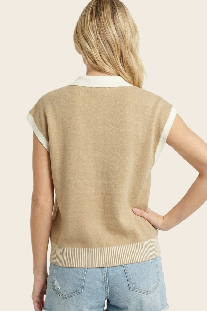 Tan Stripe Trim Collared Top