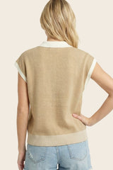 Tan Stripe Trim Collared Top