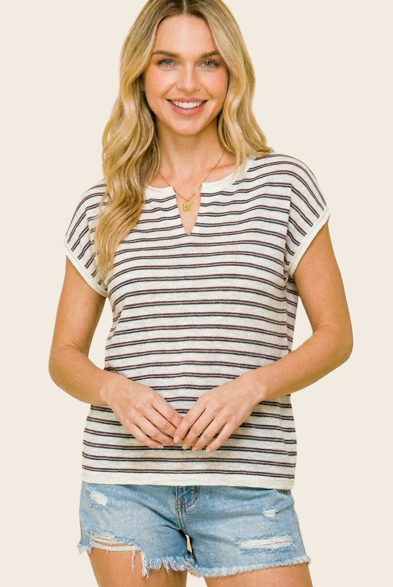 Plum Split Neck Striped Knit Top
