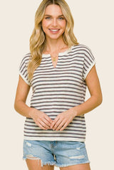 Plum Split Neck Striped Knit Top