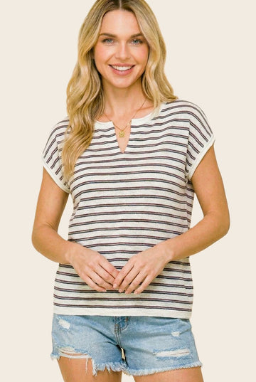 Plum Split Neck Striped Knit Top