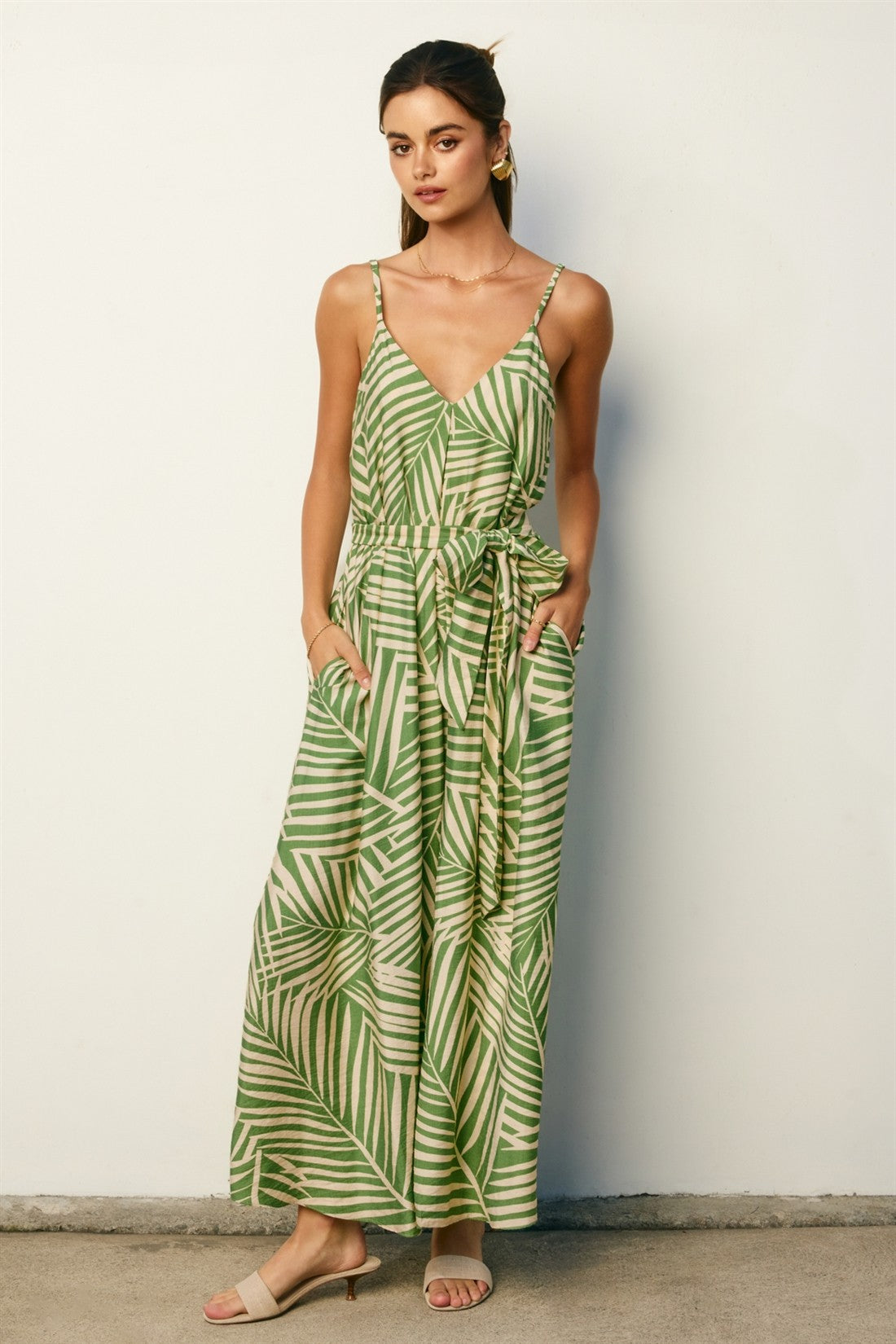 flattering maxi dress Sage Printed Waist Tie Maxi Dress