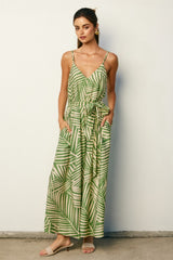 Sage Printed Waist Tie Maxi Dress