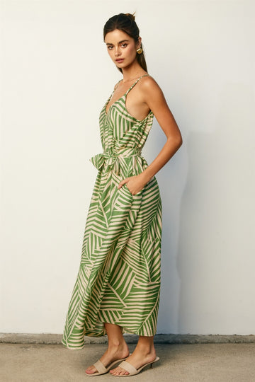 Sage Printed Waist Tie Maxi Dress