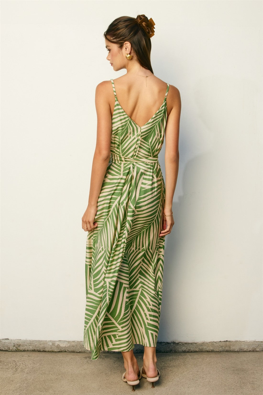 Sage Printed Waist Tie Maxi Dress