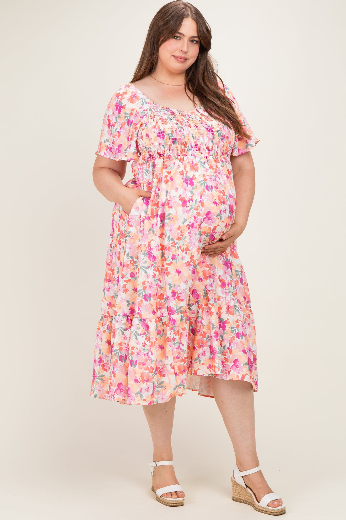 Coral Plus Sweetheart Flutter Sleeve Floral Maternity Maxi Dress – PinkBlush
