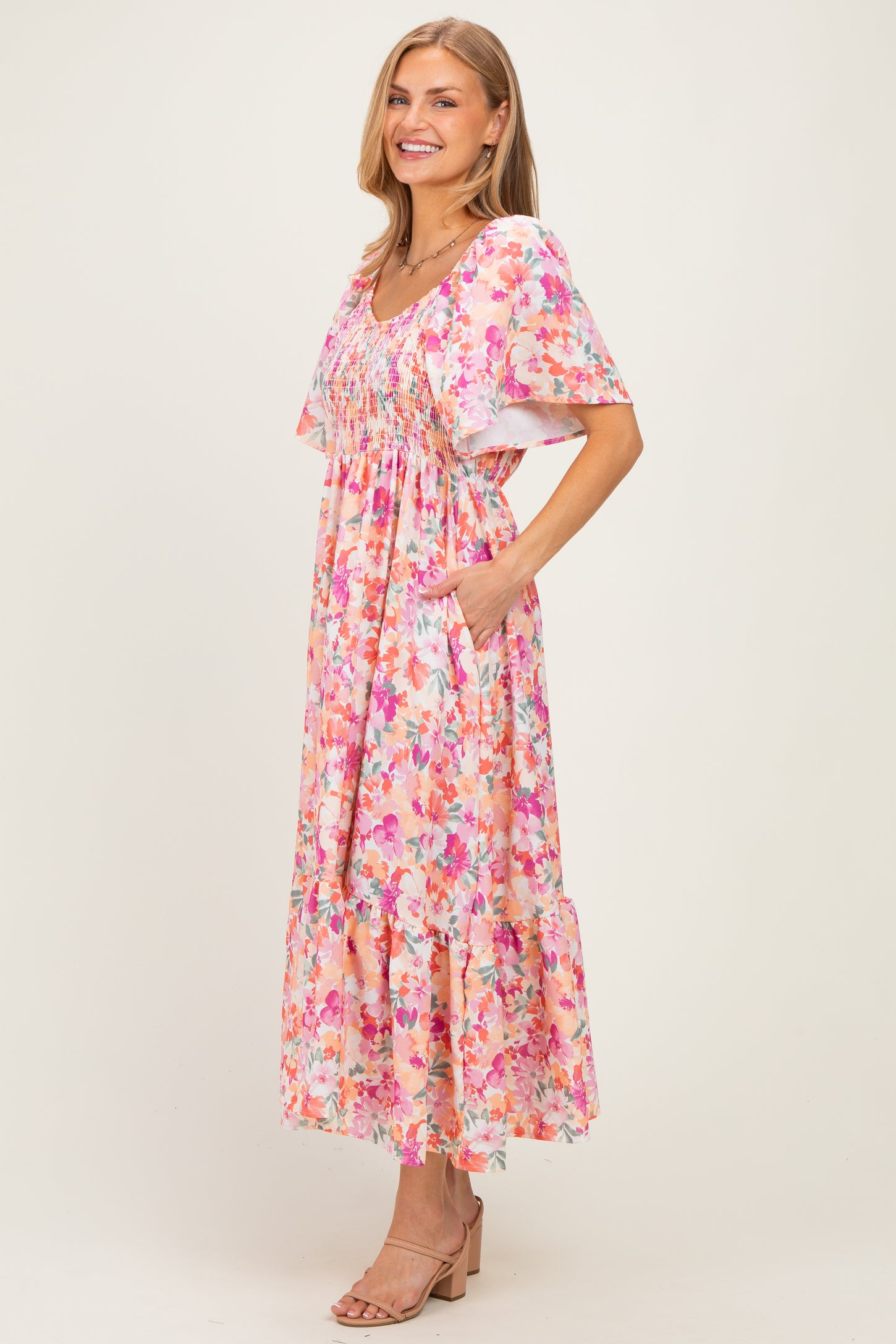 Coral Sweetheart Flutter Sleeve Floral Maxi Dress
