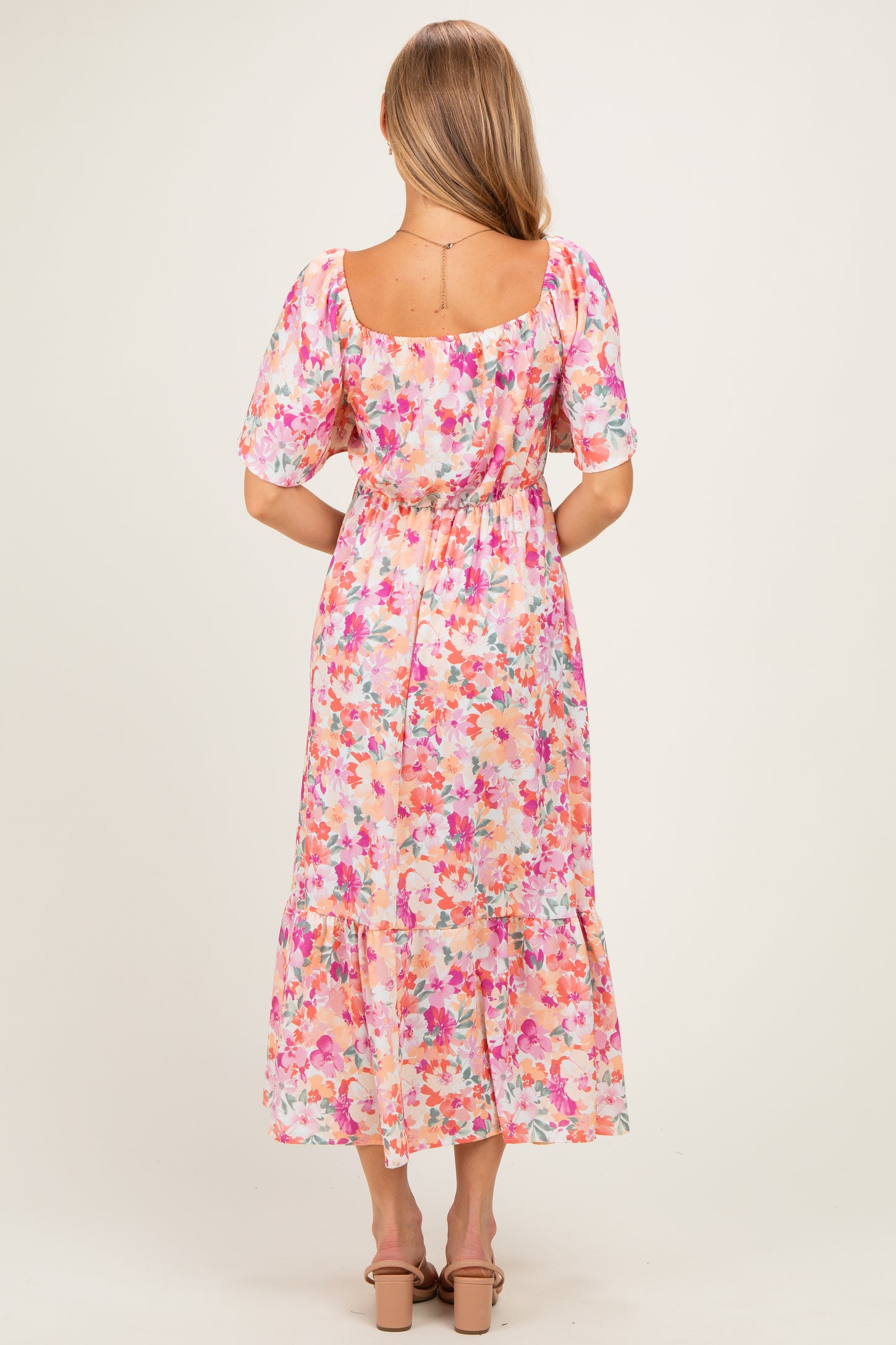 Coral Sweetheart Flutter Sleeve Floral Maxi Dress