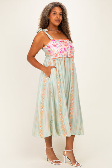 Sage Plus Floral Tie Shoulder Woven Midi Dress