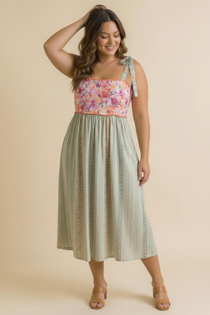Sage Floral Tie Shoulder Woven Maternity Midi Dress