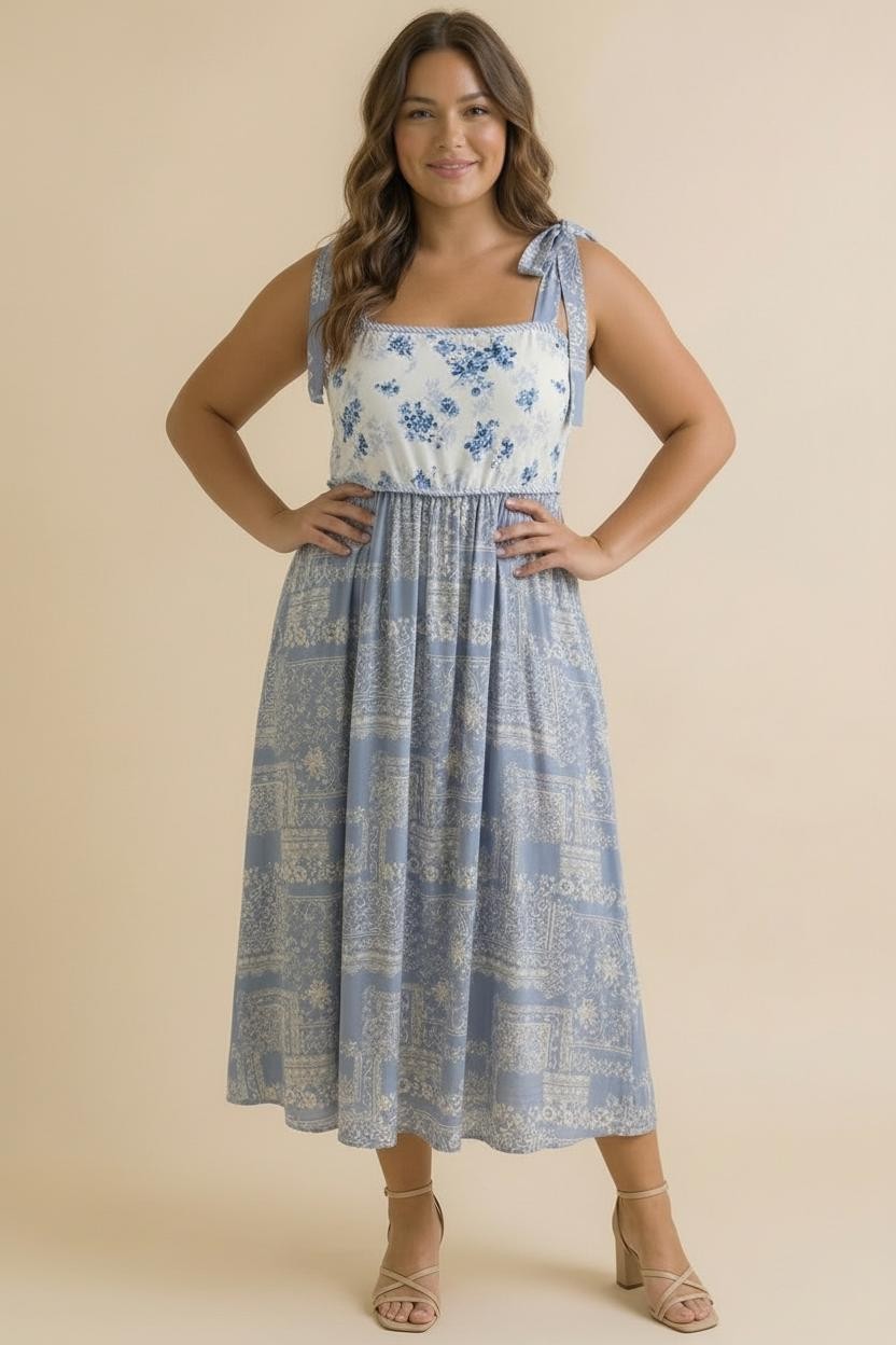 Blue Ivory Floral Tie Shoulder Woven Midi Dress