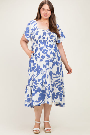 Blue Ivory Plus Sweetheart Smocked Front Floral Maternity Maxi Dress