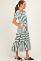 Cream/ Emerald Striped Short Sleeve Tiered Maxi Dress