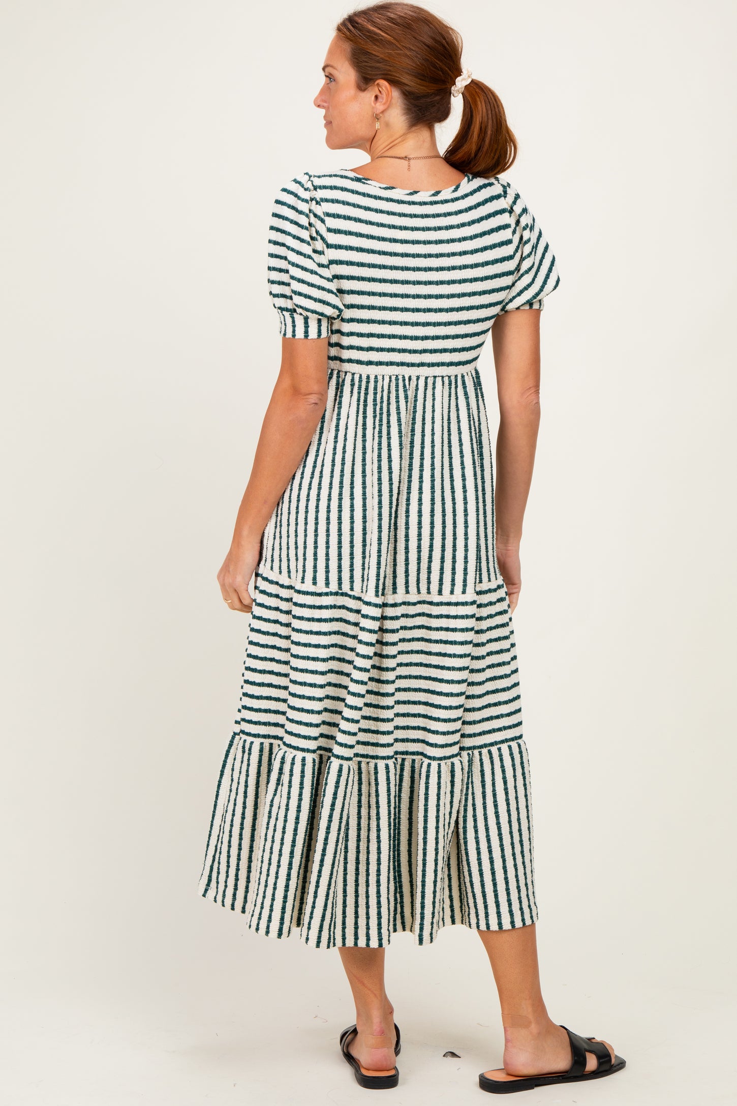 Cream/ Emerald Striped Short Sleeve Tiered Maxi Dress