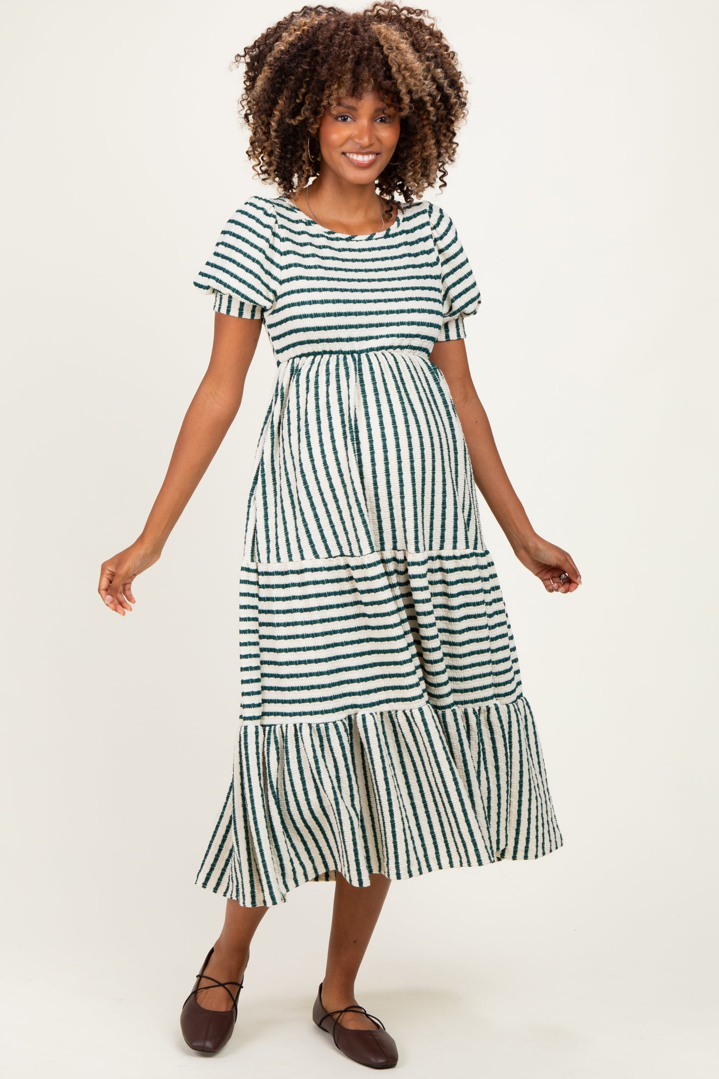 Cream/ Emerald Striped Short Sleeve Tiered Maternity Maxi Dress