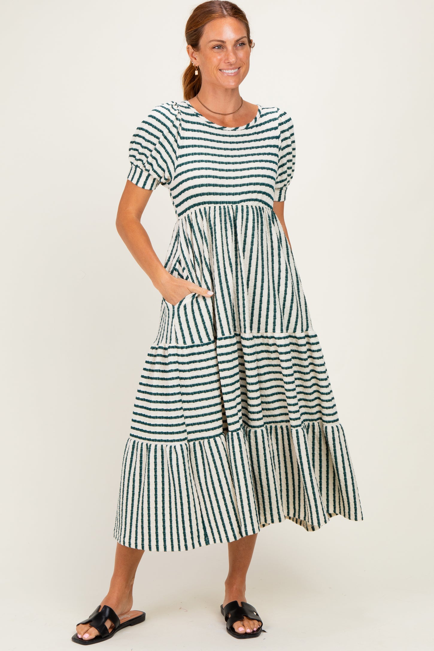 Cream/ Emerald Striped Short Sleeve Tiered Maxi Dress