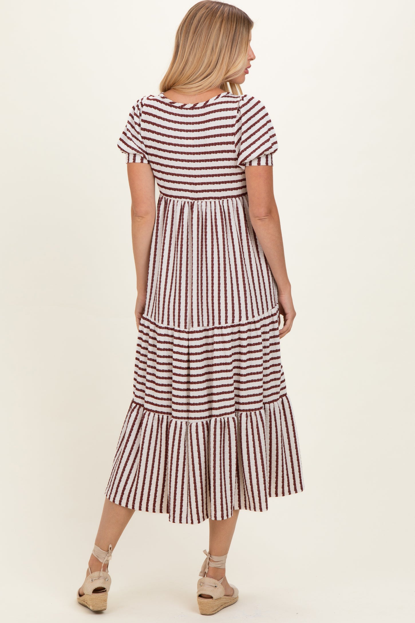 Cream/ Burgundy Striped Short Sleeve Tiered Maxi Dress