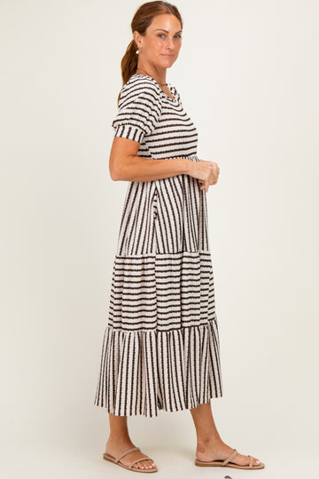 Cream/ Brown Striped Short Sleeve Tiered Maxi Dress