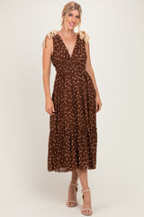 Brown Polka Dot Plisse Shoulder Tie Maternity Dress