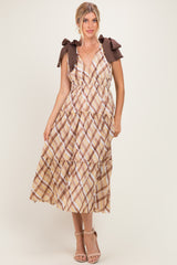 Brown Plaid Shoulder Tie Dress