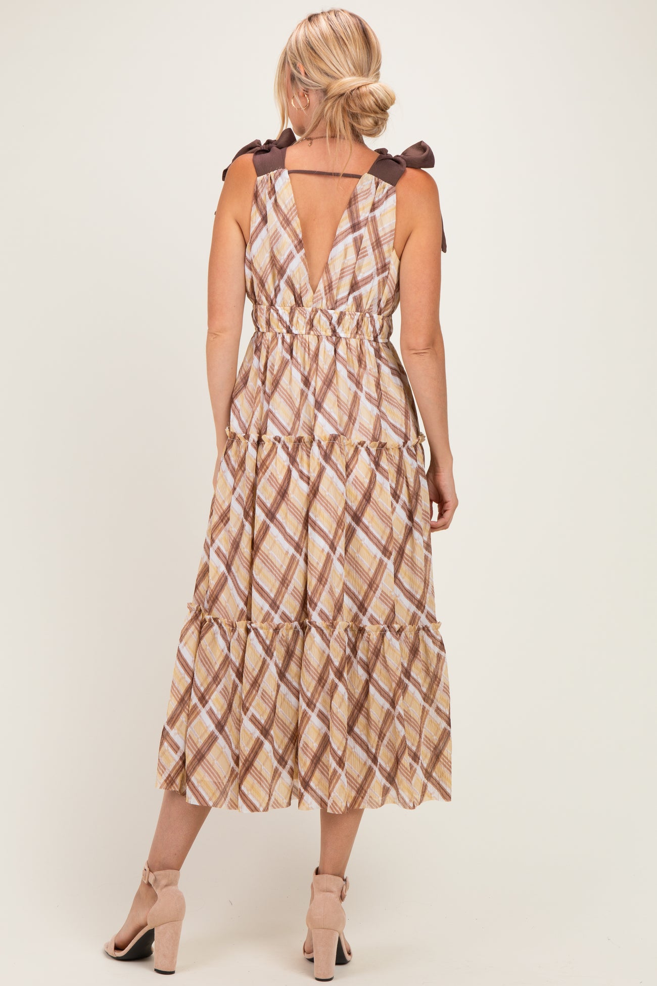 Brown Plaid Shoulder Tie Dress