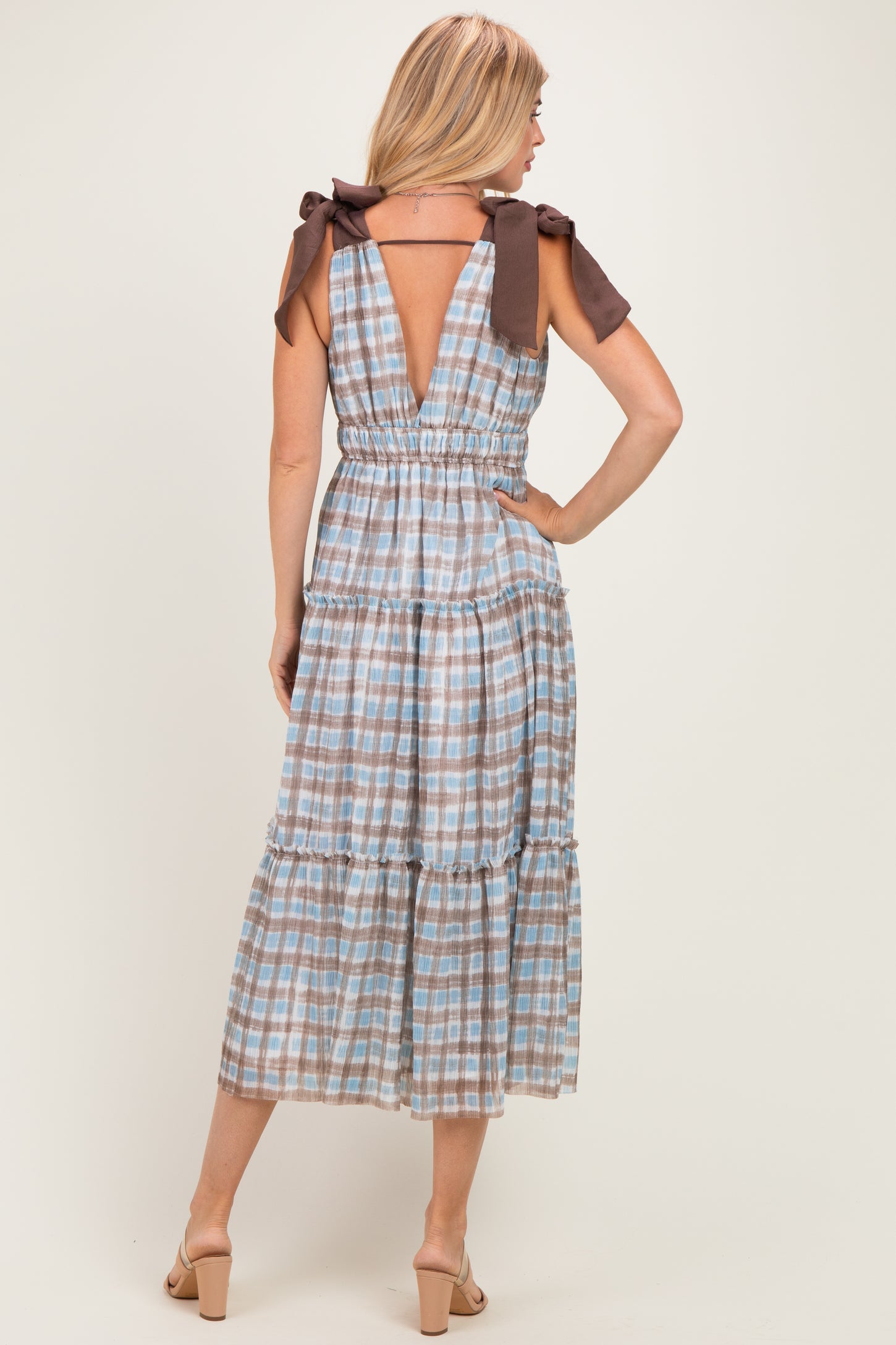 Blue Plaid Shoulder Tie Dress