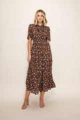 Brown Floral Neck Tie Tiered Midi Dress