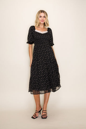Black Floral Lace Trim Midi Dress